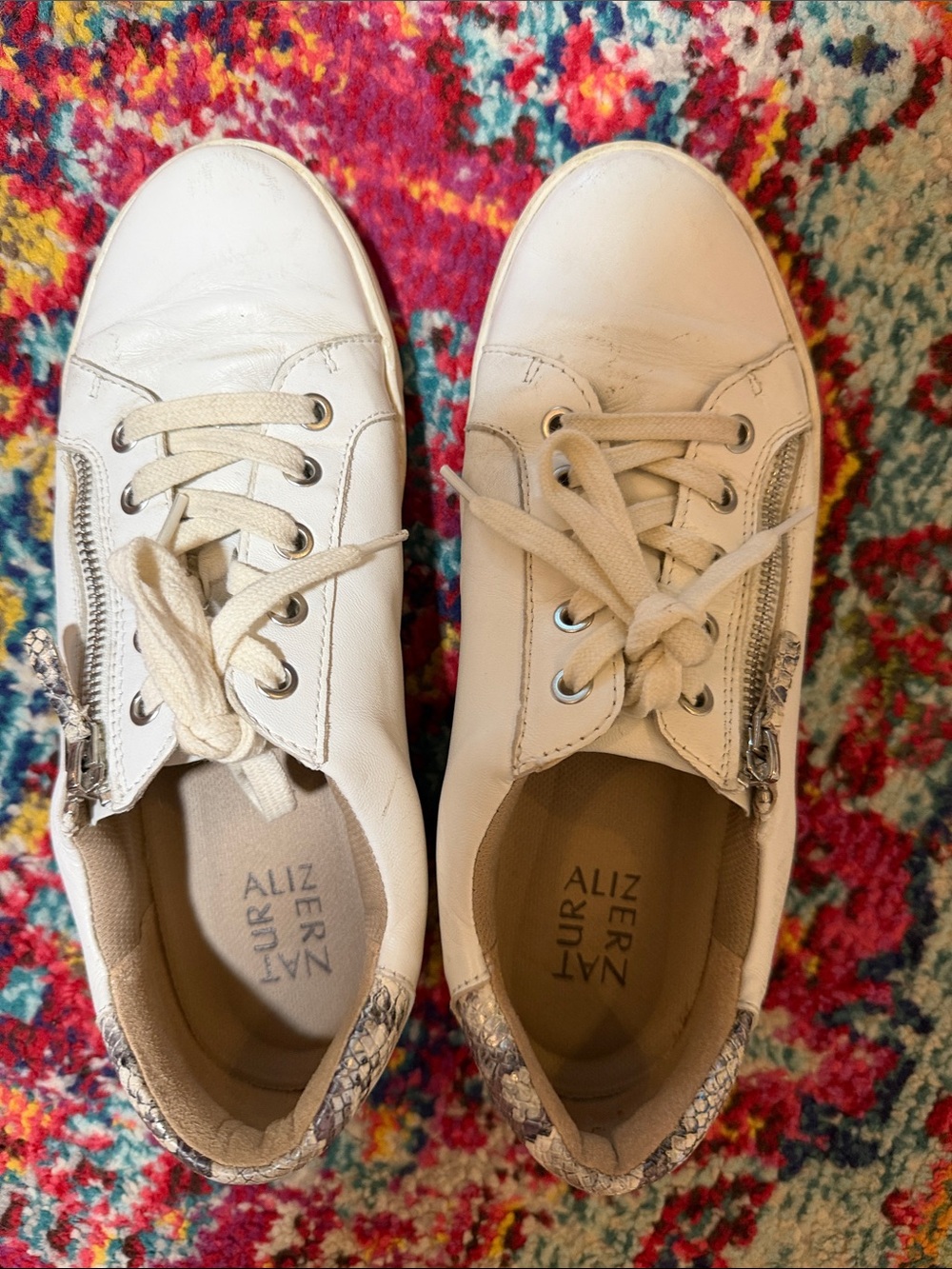 Naturalizer Cream Leather Sneakers with Side Zips and Snakeskin Heel